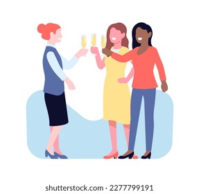 Women celebrate with glasses of champagne. Friend or colleague congratulation. Females clink wineglasses and say festive toasts. Holiday celebration. Anniversary party