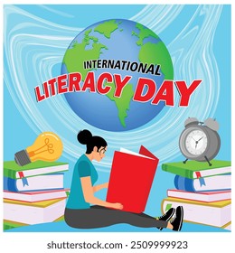 As mulheres celebram o Dia da Alfabetização lendo livros. Uma pilha de livros e equipamento educacional no fundo. Conceito do Dia da Alfabetização Feliz. Ilustração de vetor plano.