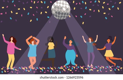 Women celebrating. Color vector flat design on celebration party or event with female characters having fun and dance with disco ball.