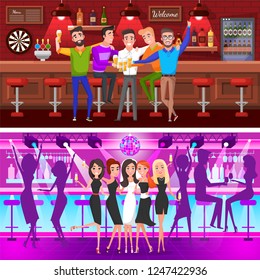 Women celebrating at disco club in evening dresses holding glass of champagne. Cheerful men sitting on chairs with cups of beer, bachelor party vector