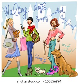 Women with cell phones walking dogs. Hand drawn fashion illustration.