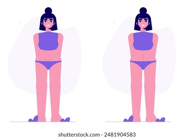 Mujeres con cicatriz de cesárea. Puntos después de la cesárea, concepto de cesárea. Ilustración plana de Vector aislado fondo blanco.