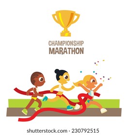 women championship marathon runners, winner crossing finish line, cartoon flat style character, isolated vector illustration.
