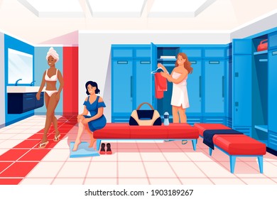 Women changing clothes in locker room scene. Dressing for fitness and sport exercise in gym vector illustration. Young girls with bags in private room with lockers, benches.