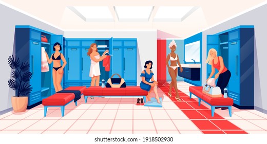 Women changing clothes in locker room scene. Dressing for fitness and sport exercise in gym vector illustration. Young girls with bags in private room with lockers, benches.