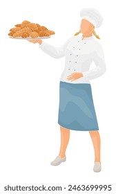 women  character baker in uniform holding a plate with fresh croissants