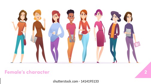 Women character design collection. Modern cartoon flat style. Females stand together. Young females in different poses