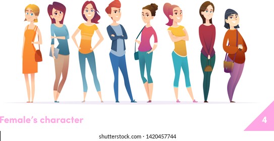 Women character design collection. Modern cartoon flat style. Females stand together. Young females in different poses.