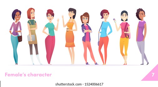 Women character design collection. Modern cartoon flat style. Females stand together. Young females in different poses.