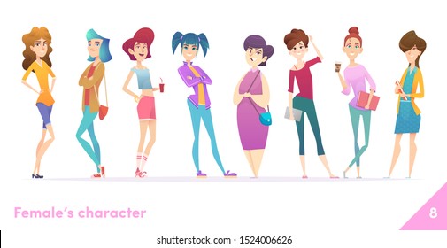 Women character design collection. Modern cartoon flat style. Females stand together. Young females in different poses.