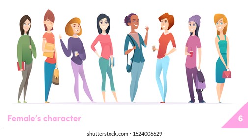 Women character design collection. Modern cartoon flat style. Females stand together. Young females in different poses.