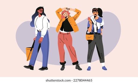 Women character design collection. Modern cartoon flat style design with teenage girls in different clothes, poses. Characters illustration for social media, background, poster, cover.