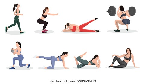 Women character doing fitness. Strong woman doing barbell squat. Sporty young girl with slim body does dumbbell split exercises on training. Trainer shows yoga pose and stretches. Vector illustration