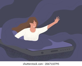 women character drowning in social media phone illustration