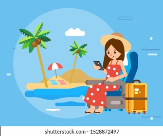 women character holding phone, sit on airplane seat and going vacation in beach, suitcase beside, and beach as a background. women checking phone for online booking travel. web page or app template