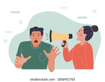 women character holding a speaker and shout to a man who suprised vector illustration. used for website image, landing page illustration and other