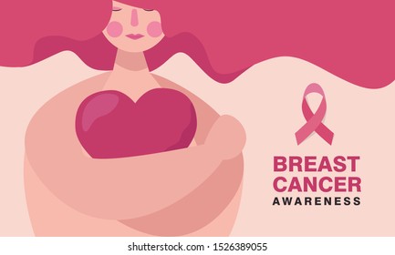 women character hug a love object with no cloth. Breast cancer awareness month poster and banner vector illustration