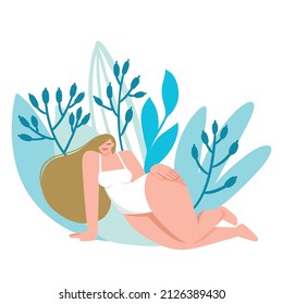 Women character on the background of leaves. Body positive. Love your body