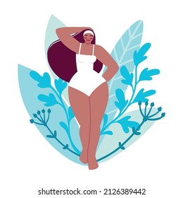 Women character on the background of leaves. Body positive. Love your body