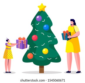 Women character standing near fir-tree with present container. Mother and daughter wearing dress giving gift box near Christmas tree. People characters celebration holiday near Xmas wood vector