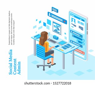 women character working in office as a social media administrator,sit on chair and desk in front of her there is computer, smartphone, tablet illustration. Isometric 3D design illustration vector