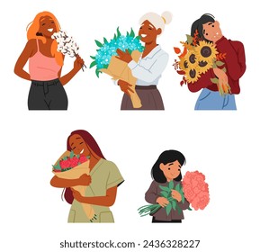 Women Characters Clutching Flower Bouquets, Their Faces Illuminated By Smiles, Embody Grace And Joy, As Vibrant Petals Add Color And Fragrance To Their Presence. Cartoon People Vector Illustration