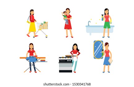 Women Characters In Daily Routine Housework Vector Illustration Set Isolated On White Background