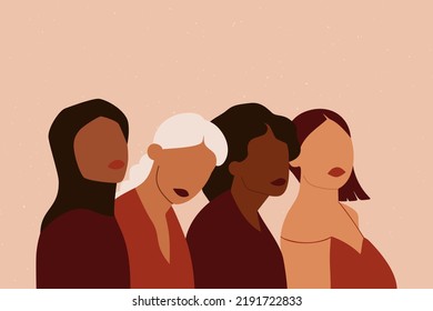 Women Characters Different Ethnicities. Group Of People Together, Female Abstract Silhouettes. Vector Illustration