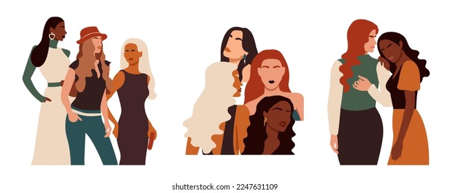 Las mujeres son personajes de diferentes etnias. Grupo de personas juntas, siluetas abstractas femeninas. Concepto del Día Internacional de la Mujer. Ilustración vectorial coloreada aislada en fondo blanco