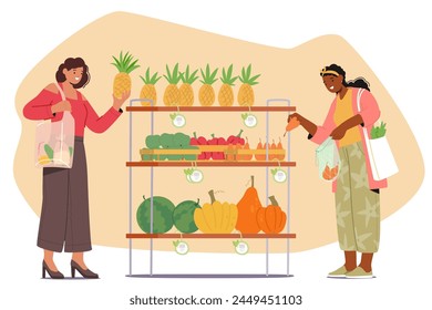 Women Characters With Eco Bags Carefully Select Products In The Market Store, Prioritizing Sustainable Options, Mindful Of Their Environmental Impact And Personal Values. Cartoon Vector Illustration