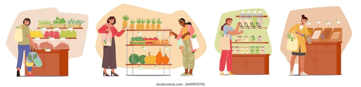 Women Characters With Eco Bags Choose Products In Market Store Prioritizing Sustainable Options, Organic Produce And Eco-friendly Packaging, Promoting Environmental Responsibility, Vector Illustration