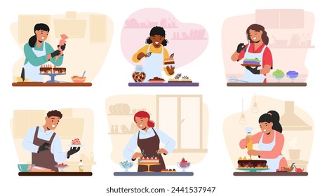 Women Characters Joyfully Prepare Sweet Delights In The Cozy Kitchen, Blending Flavors And Crafting Desserts With Passion For Creating Delicious Desserts and Pastry. Cartoon People Vector Illustration