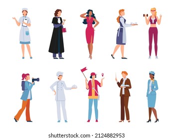 Women characters in profession uniform, judge, chef and professor. Flat female workers, guid, model and nurse. Woman job career vector set. Illustration of profession cartoon job female