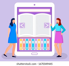 Women characters showing ebook in tablet wireless device. Female communication with modern technology for online learning. People educating and reading open book in touch screen gadget vector