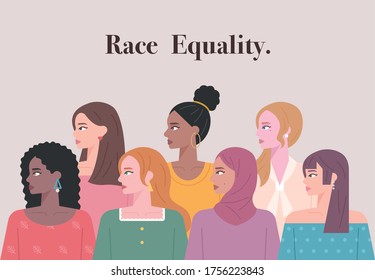 Women characters from various countries and races. Several women gather and look to one side. flat design style minimal vector illustration.