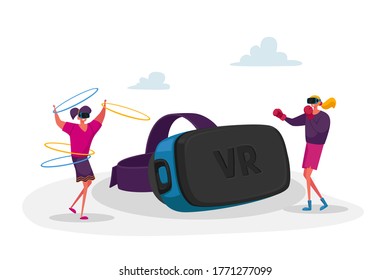 Women Characters in Vr Goggles Boxing Fighting and Exercising with Hoops. Virtual Reality Recreation, Battle and Gymnastics Futuristic Technology Interactive Combat. Cartoon People Vector Illustration