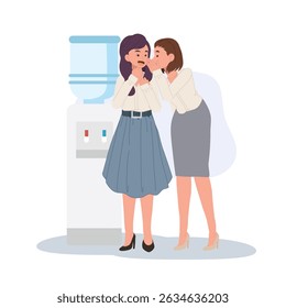 women chatting and gossiping at workplace water cooler.  two female coworkers whispering at water cooler