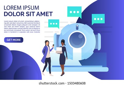 Women chatting with isometric AI robot landing page. Artificial intelligence, support, cyborg. Chatbot concept. Vector illustration for website, landing page, online store