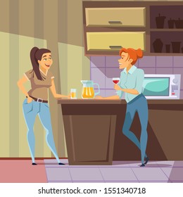 Women chatting in kitchen flat vector illustration. Girlfriends at house party. People relaxing in apartment dining room composition. Female characters drinking wine alcohol beverage and lemonade