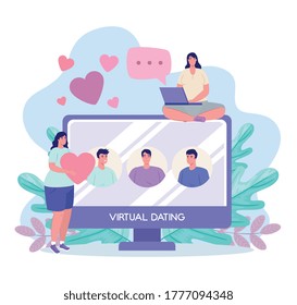 Women chatting and men in computer design, Virtual dating and relationship theme Vector illustration