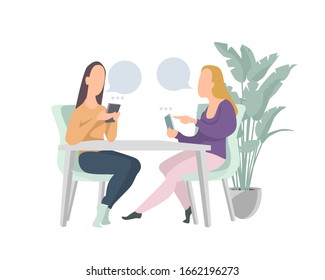women chatting online on their smartphones. sending messages. Flat cartoon vector illustration.friends or colleagues talking in a cafe.Concept of social network communication.