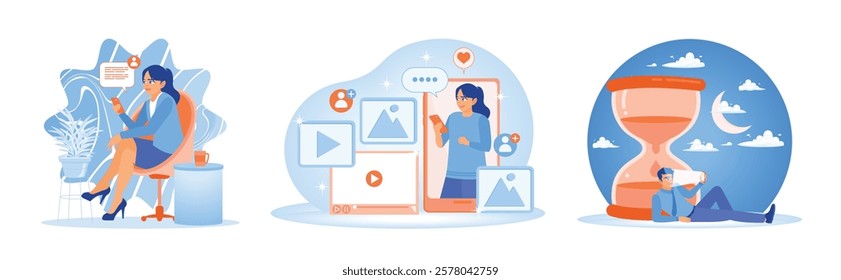 Women chatting online via the internet. A woman uses a social media application. Online interaction, communication and sharing of digital content. Addicted to playing cell phone.