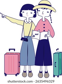 Women are checking the route during the map on their trip. 