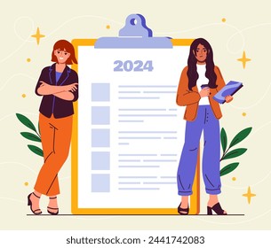 Women with checklist. Girls near notepad. Planning and scheduling, goal settings. Workers and employees with time management and organizing effective work process. Cartoon flat vector illustration