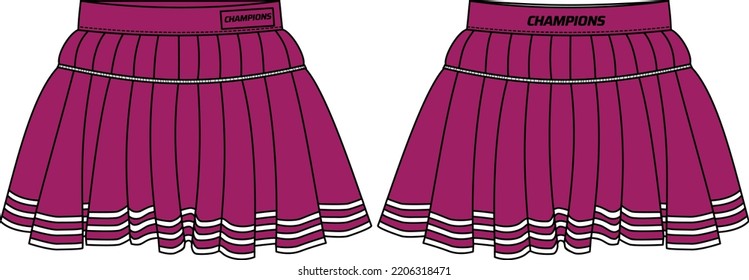 Women cheerleader pleated mini skirt uniform jersey design flat sketch fashion Illustration for girls and Ladies, Tennis skirt concept with front and back view for running and tracking active wear.