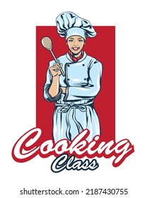women chef with a spoon vector illustration, cooking class vector illustration