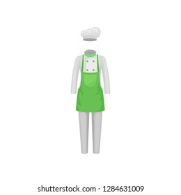Women chef uniform. Hat, jacket, pants and green apron. Clothes of kitchen worker. Cook s garment. Flat vector design