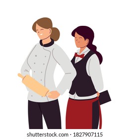 women chef and waitress with uniform vector illustration design