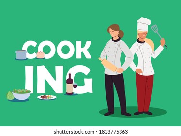 women of chefs cooking at home vector illustration design