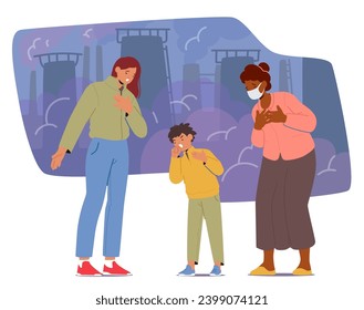 Women and Child Characters Coughing Amidst Thick Air Pollution, Sorrowful People Don Protective Masks, Their Eyes Reflecting Concern. The Atmosphere, Tainted And Heavy. Cartoon Vector Illustration